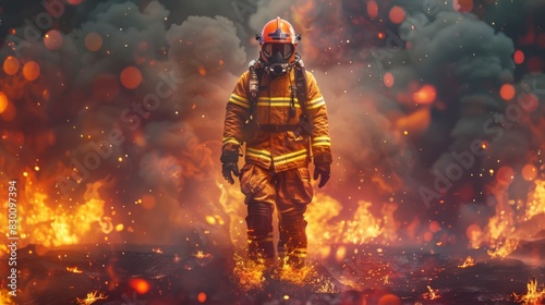 Firefighter in intense action amid blazing flames and flying embers wearing protective gear and helmet during rescue operation. Generative Ai photo