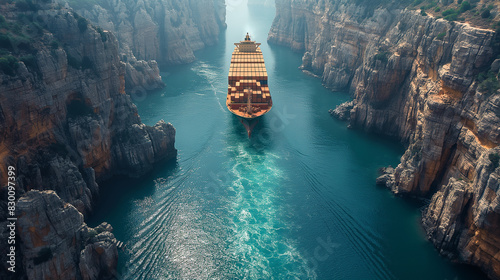 A large ship is sailing through a narrow river between two cliffs