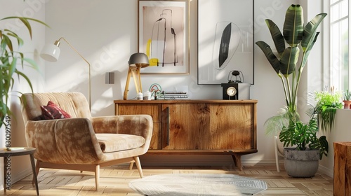 Scandinavianinspired room with a comfortable armchair and wooden sideboard neutral colors natural textures bright and airy photo