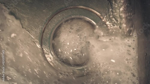 Soapy Water Washes Down Sink Closeup