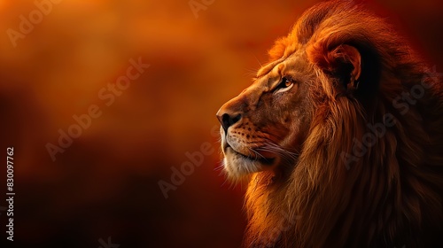 Majestic Lion Profile Against Fiery Sky - ai generative