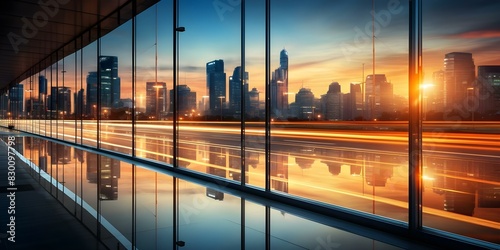 Multiple exposure of office buildings reflecting fastpaced business atmosphere in changing world. Concept Office Buildings, Cityscape, Business Environment, Multiple Exposure, Changing World