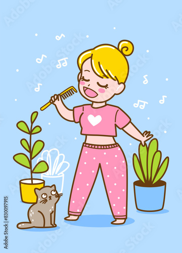 Cute cartoon young girl sings into a comb like a microphone - vector illustration for cozy design 2