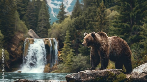 Grizzly Bear by Waterfall in Forest - ai generative