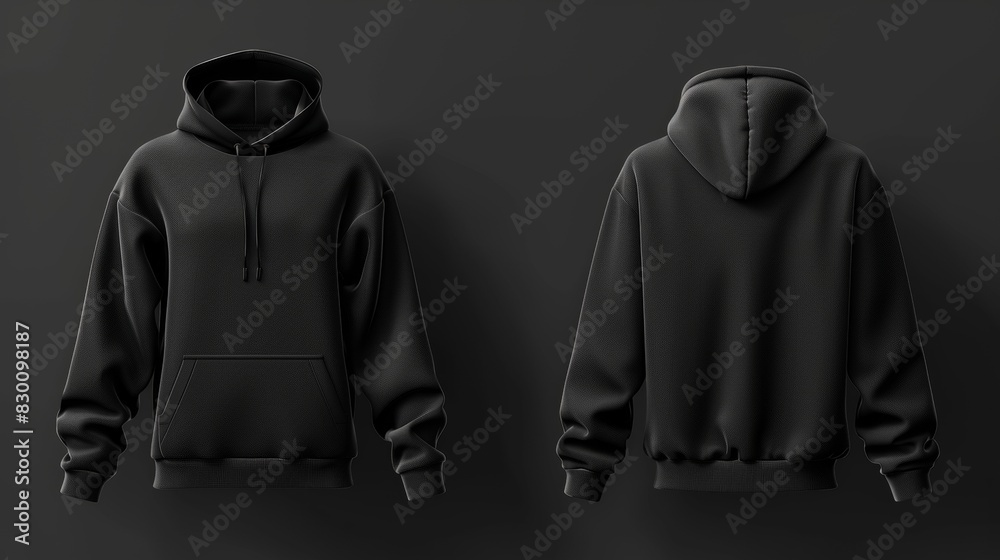 Front and back views of a plain black hoodie with a hood and drawstrings displayed on a dark background for fashion design showcase. Generative Ai Front and back views of a plain black hoodie with a hood and drawstrings displayed on a dark background for fashion design showcase. Generative Ai