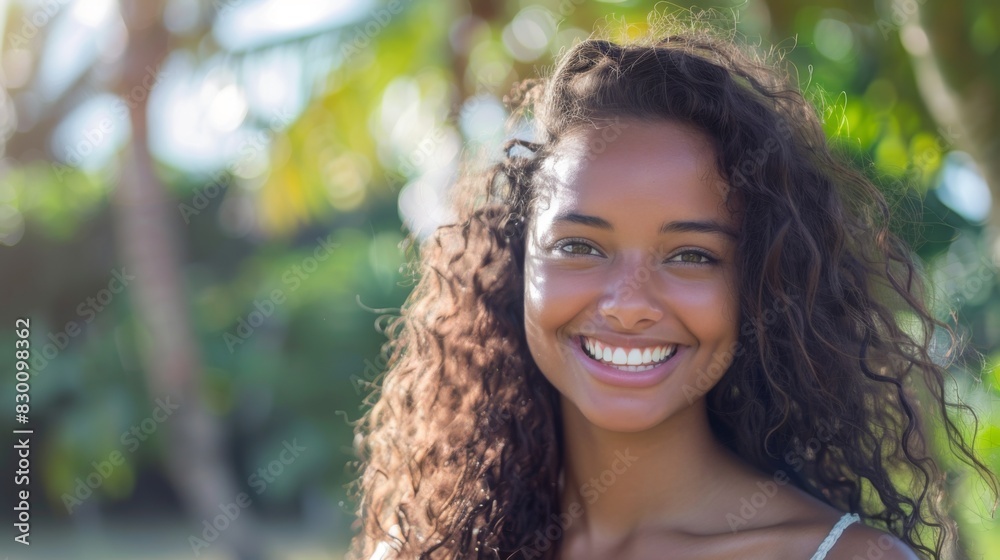 A confident young woman with beautiful hair smiling at the camera, radiating charm and elegance in a natural outdoor setting. A confident young woman with beautiful hair smiling at the camera, radiating charm and elegance in a natural outdoor setting.