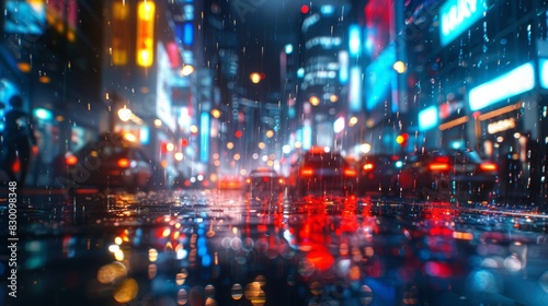 Vibrant city nightlife with blurred lights and reflections on wet streets creating a dynamic and colorful urban atmosphere in the rain. Generative Ai