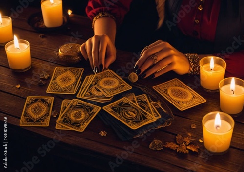 Tarot reading by candlelight, cards on the table