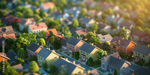 American homes on sunny day, A 3D landscape where different types of homes represent various mortgage plans and rates photo