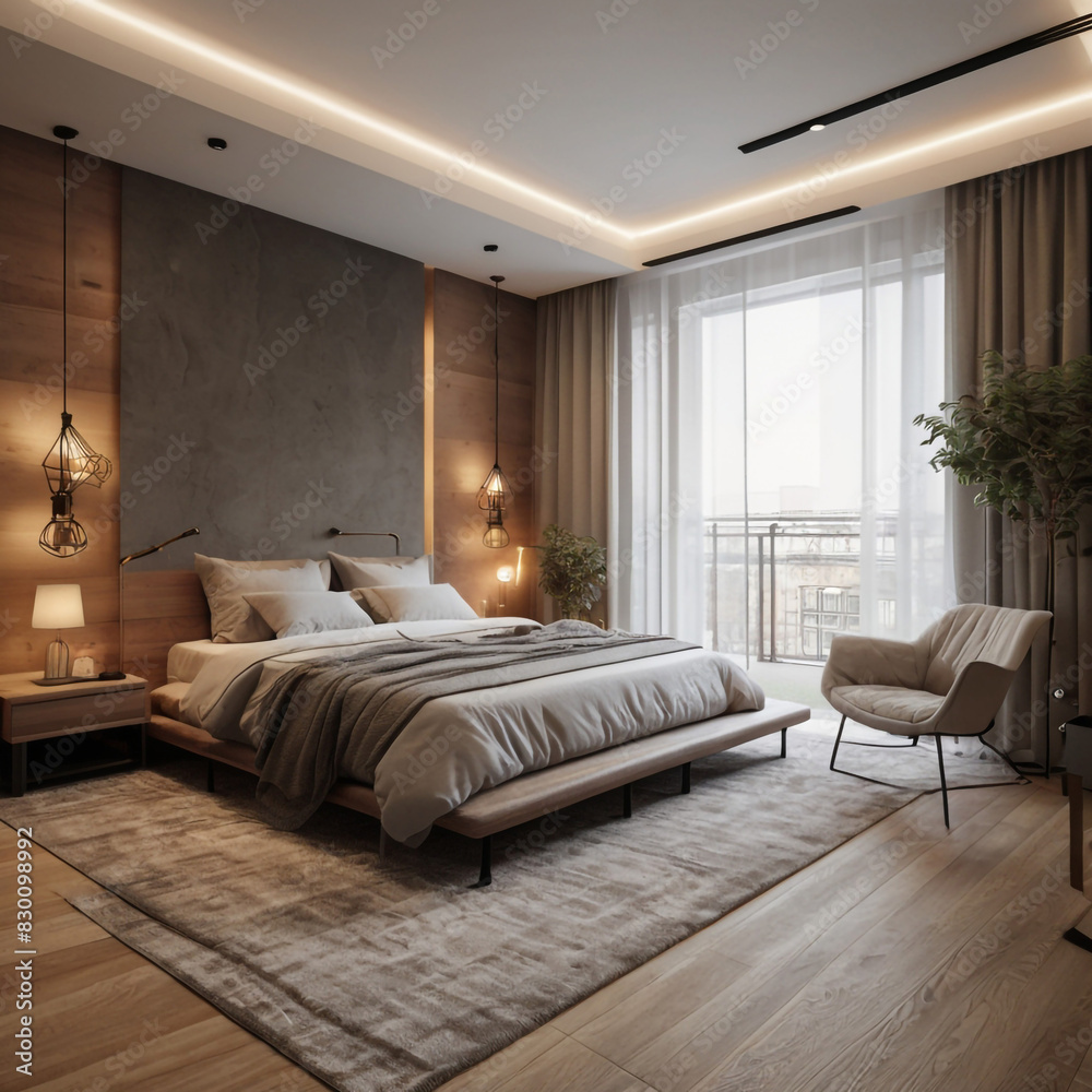 Interior of a modern bedroom with a double bed