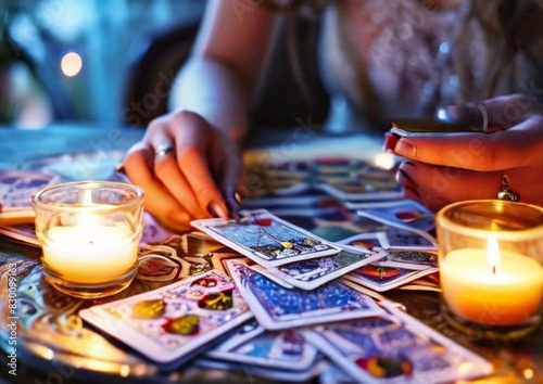 Tarot reading by candlelight, cards on the table © Oleg