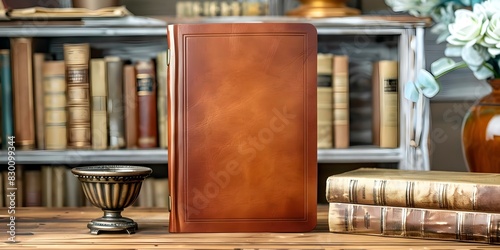 An elegantly displayed deluxe hardcover journal with a blank cover on a vintage writing desk mockup. Concept Mockup Photography, Journal Display, Vintage Writing Desk, Blank Cover, Deluxe Hardcover