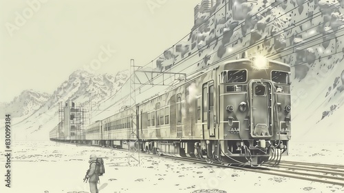 treno passeggeri artico con montagne innevate sullo sfondo e persona, illustrazione a matita digitale photo