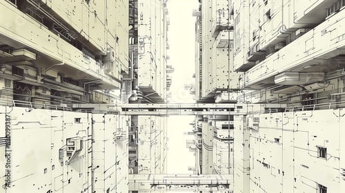 costruzione industriale distopiche, concept di città del futuro, illustrazione a matita digitale photo