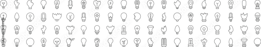 Collection of Icons of Lightbulbs. Suitable for books, stores, shops. Editable stroke in minimalistic outline style. Symbol for design Collection of Icons of Lightbulbs. Suitable for books, stores, shops. Editable stroke in minimalistic outline style. Symbol for design