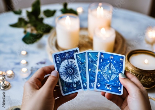 Tarot reading by candlelight, cards on the table