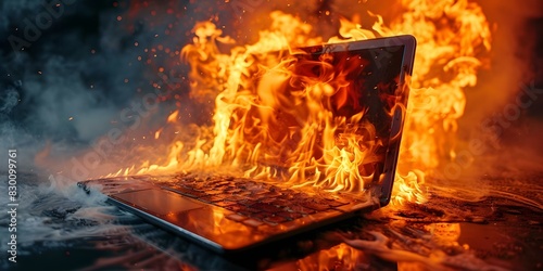 A laptop on fire due to a faulty lithium battery causing thermal runaway. Concept Laptop Safety  Lithium Battery Hazards  Thermal Runaway Risks  Fire Prevention Measures  Technology Safety