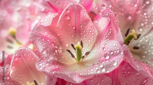 Close up of delicate pink tulips adorned with dew droplets Delicate pink and white blossoms