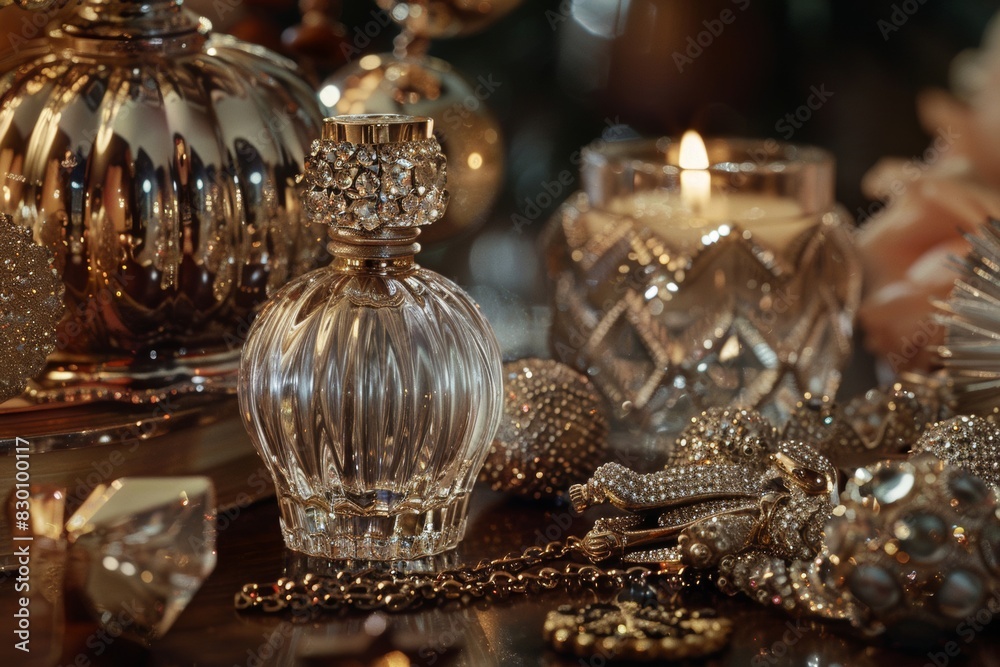 Elegant perfume bottle with crystal cap Placed next to jewelry