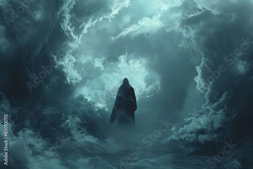 Illustration of a human figure standing in the center of dark, swirling clouds, their face obscured by the fog to represent confusion, photo