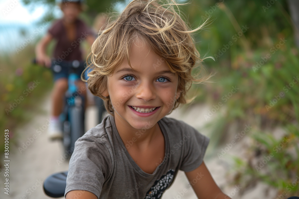 Siblings enjoying a bike ride together on a scenic trail, the younger one following closely behind the older one, both with big smiles. Siblings enjoying a bike ride together on a scenic trail, the younger one following closely behind the older one, both with big smiles.
