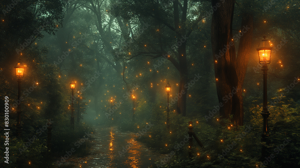 Fototapeta premium A forest at night with glowing lights on the trees