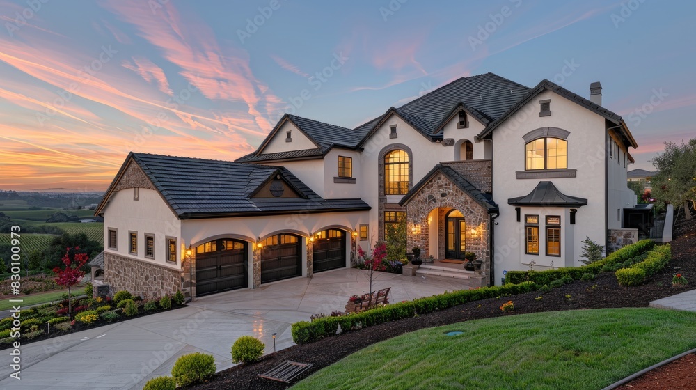a newly-built home exuding luxury, boasting modern aesthetics, ample space, and the convenience of a two-car garage.