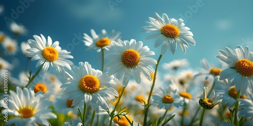 Daisy-filled meadow under a clear blue sky. Concept Nature Photography  Floral Landscape  Sunny Day  Wildflowers  Scenic Beauty