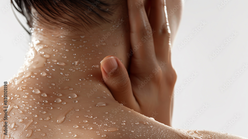 Fototapeta premium A close-up image showing a hand gently touching a person's wet neck, emphasizing freshness and skincare.