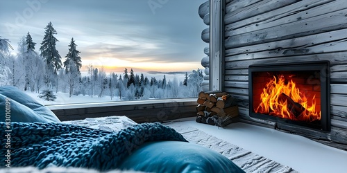 Creating Ambiance: A Winter Cabin with a Soothing Fireplace and Snowy Sunset View. Concept Winter, Cabin, Fireplace, Snowy Sunset View, Ambiance photo