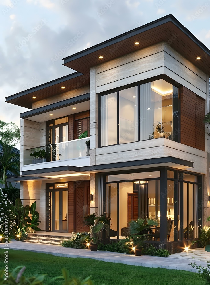 A modern two-story house with a flat roof and large windows Stock ...