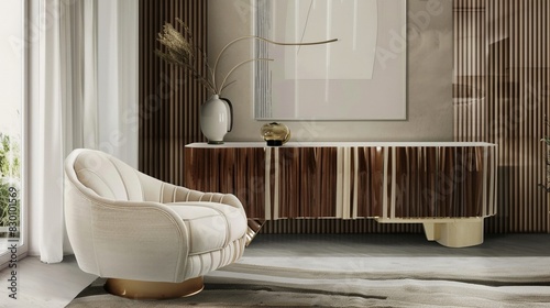 Contemporary interior with a plush armchair and sleek cabinet soft pastel colors modern design ambient lighting