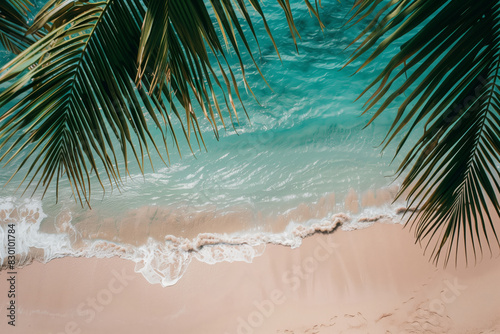 Realistic vibrant up view photo of a paradise beach  turquose ocean and palm leaves  empty space for text  vibrant summer tropical vibe