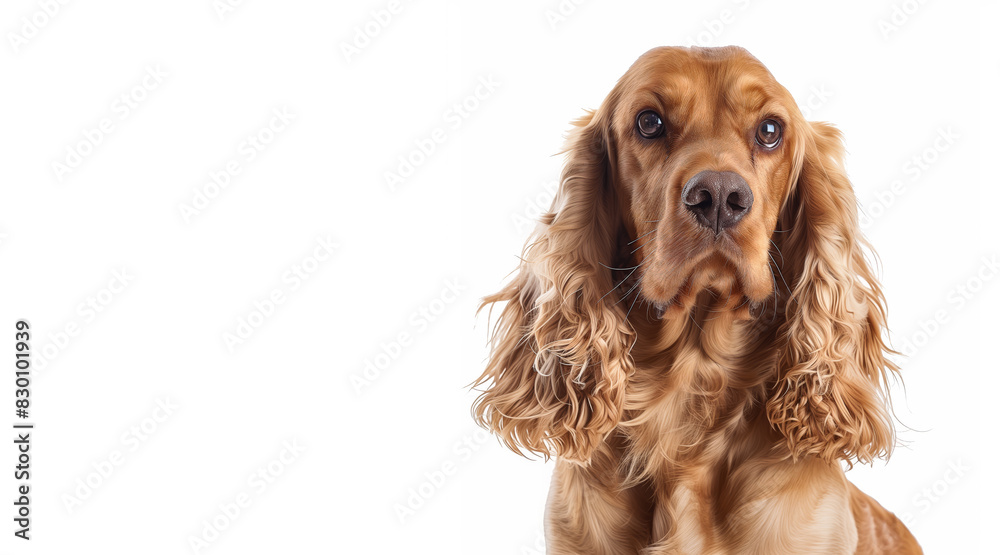 Adorable golden cocker spaniel with long wavy ears sitting against white background, looking with soulful eyes