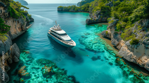 Luxurious yacht cruises turquoise waters between rocky islands, snorkelers explore vibrant marine life below