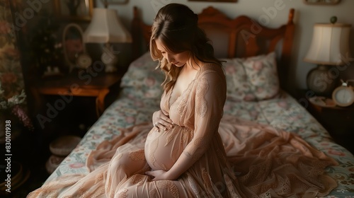 Pregnant Woman Sitting on Bed in Elegant Gown - ai generative © jessica