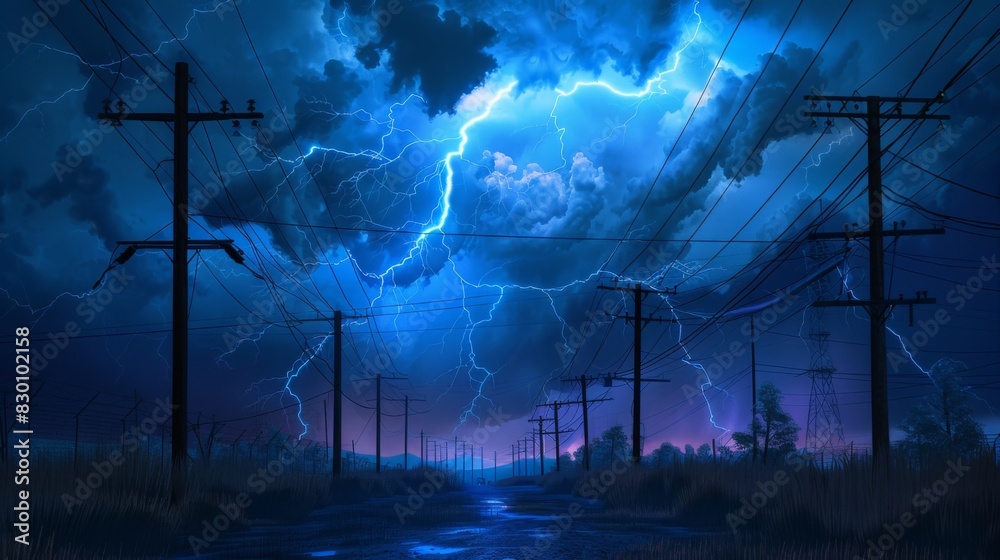 A dramatic lightning storm illuminating the night sky behind rows of ...