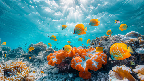A vibrant underwater scene with colorful tropical fish swimming around beautiful corals in sunlit clear water