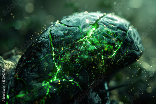 Artistic rendering of a liver with bright green bile ducts, fading to gray and black towards the edges, indicating liver dysfunction, photo