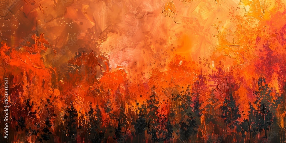 A painting of a forest fire with orange and black colors. The mood of the painting is intense and chaotic