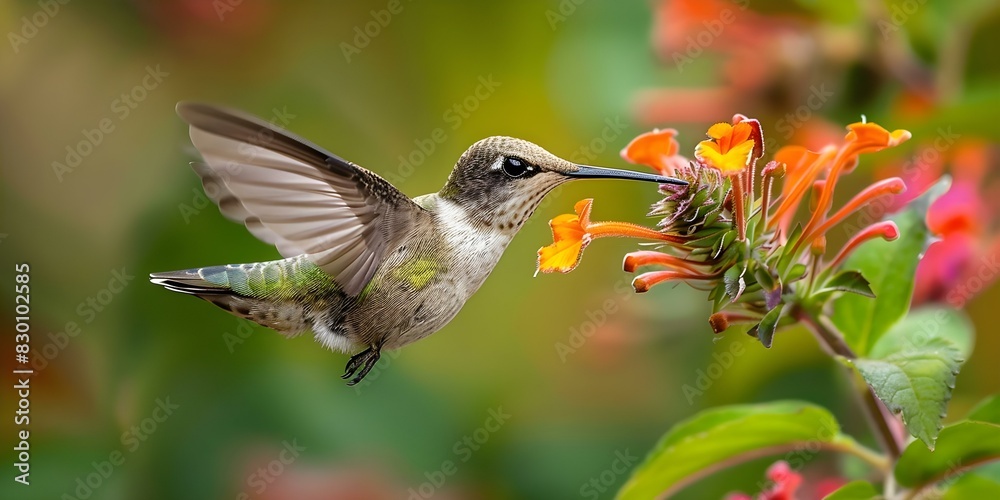 Fototapeta premium Capturing the Graceful Essence of Nature: A Hummingbird Feeding from a Delicate Blossom. Concept Nature Photography, Wildlife Capture, Hummingbird Behavior, Floral Environment, Graceful Moments