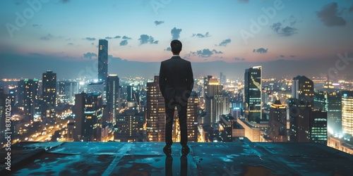 A man stands on a rooftop looking out over a city at night. The city is lit up with lights, creating a mood of excitement and energy