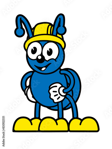 cartoon illustration of a blue ant with a safety yellow  helmet