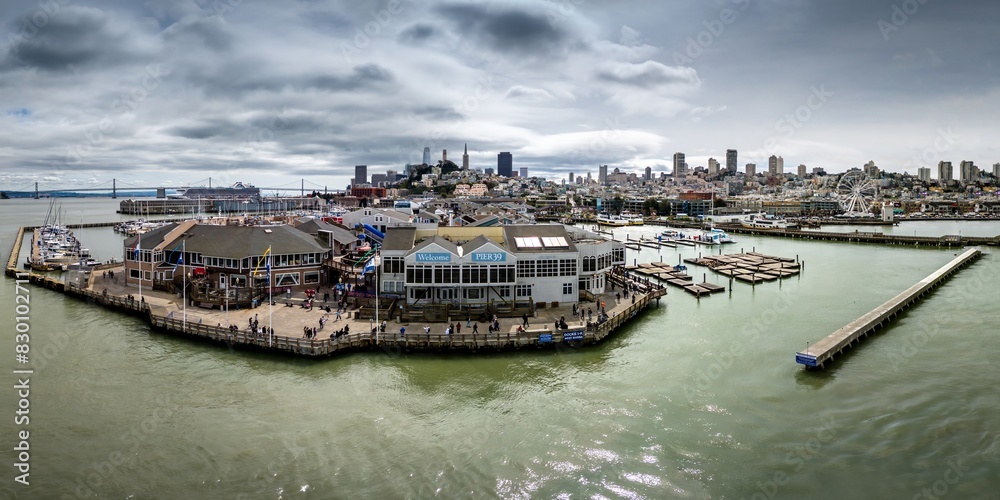Stunning aerial panorama of Pier 39 in San Francisco, capturing the lively waterfront with its iconic sea lion docks and bustling tourist attractions.