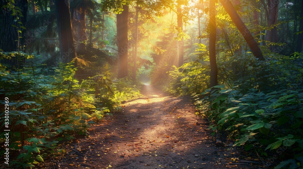 Obraz premium Sunlight dances on a serene nature path, weaving its way through the dense forest and inviting you to explore its hidden beauty