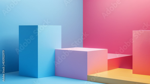A colorful display of cubes in a room with a blue wall