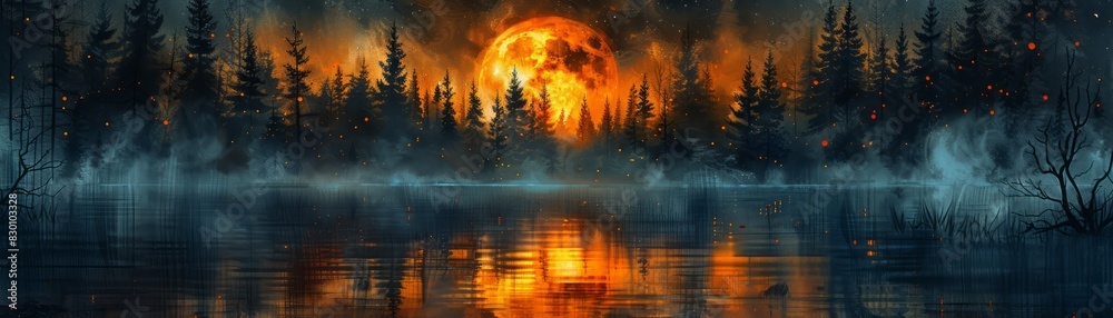 Fototapeta premium Mysterious and enchanting landscape with a blood moon rising over a foggy forest, reflected in a still lake at dusk.
