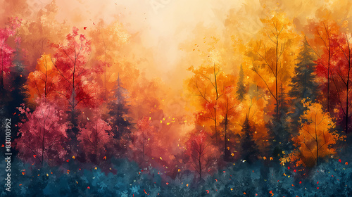 A painting of a forest with trees in various shades of orange and blue
