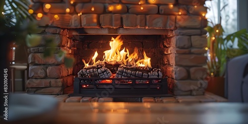 A cozy fire crackles in a homes hearth casting a warm glow. Concept Home Decor, Winter Vibes, Cozy Atmosphere, Firelight Ambiance photo