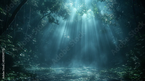 A forest with a stream of water and sunlight shining through the trees photo